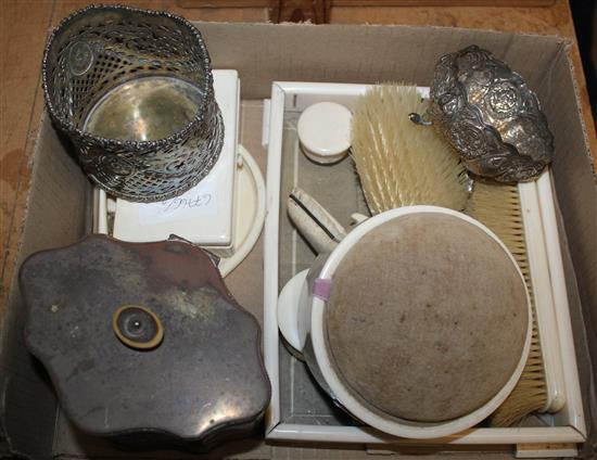 Ivory dressing table set, Indian bowl, electroplated wine coaster and a electroplated silver tea caddy